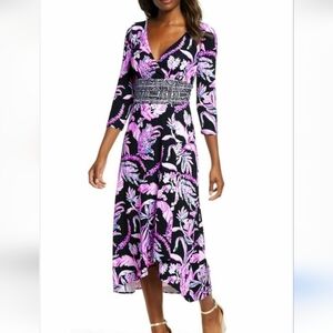 Lilly Pulitzer Black and Pink Patterned Midi Dress